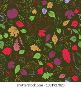 Happy Thanksgiving seamless pattern with autumn leaves, vegetables and turkey, multicolored on dark background