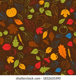Happy Thanksgiving seamless pattern with autumn leaves, vegetables and turkey, multicolored on brown background