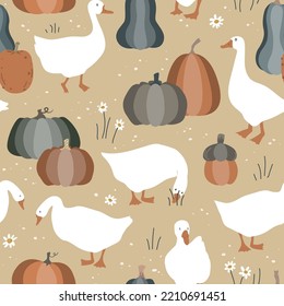 Happy Thanksgiving seamless pattern with cute goose and pumpkins. Autumn harvest vector background