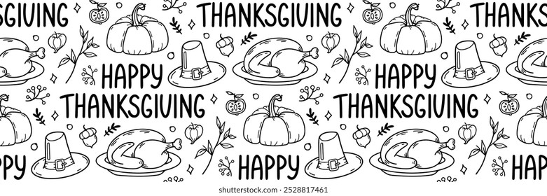 Happy Thanksgiving seamless pattern. Lettering, roast turkey, pumpkin and hat. Horizontal autumn background. Bird and harvesting. For wallpaper, invitation. Vector hand drawn doodle illustration.