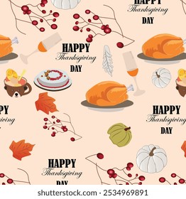 Happy Thanksgiving seamless pattern. Lettering, roast turkey, branch and acorn. Horizontal autumn background.   For wallpaper, invitation. Vector hand drawn dinner  illustration.