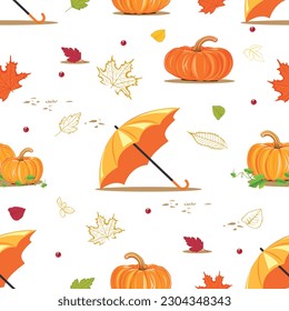Feliz Día de Acción de Gracias sin fisuras con calabazas naranjas, hojas cayendo y paraguas naranja. Vector de fondo otoñal para textil, papel de envoltura o papel tapiz.