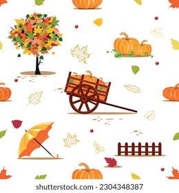 Happy Thanksgiving seamless pattern with orange pumpkins, falling leaves and vintage wheelbarrow. Vector autumn background for textile, wrapping paper or wallpaper.