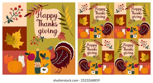 Happy Thanksgiving. Seamless pattern for poster, covers, cards, invitations, leaflets with holiday symbols