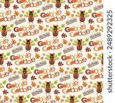 Happy thanksgiving seamless pattern with turkey bird and lettering