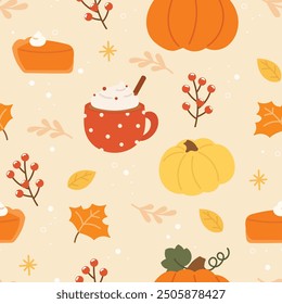 Feliz Día de Acción de Gracias sin patrón de Vector. Concepto de temporada de otoño Fondo de calabaza, pastel, cacao caliente, baya, hojas, arce. Dibujado a mano festival de otoño ilustración para el embalaje, tela, azulejo.