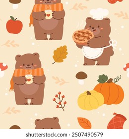 Happy Thanksgiving seamless pattern vector. Autumn season concept Background of grizzly bears, pumpkin, berry, leaves, mushroom. Hand drawn fall festival illustration for packaging, fabric, tile.