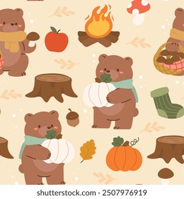 Happy Thanksgiving seamless pattern vector. Autumn season concept Background of grizzly bears, pumpkin, campfire, leaves, mushroom. Hand drawn fall festival illustration for packaging, fabric, tile.