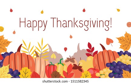 Happy thanksgiving seasonal poster with autumn leaves, fruits and vegetables. Greetings card perfect for prints, flyers, banners, invitations, promotions and more.