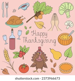 Happy Thanksgiving. Set of color vector illustrations. Isolated pink background. Lettering. Collection of colored holiday elements. Cartoon style. Turkey bird, pray, pumpkin pie, harvest. 