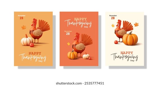 Fröhliches Thanksgiving. Eine Reihe bunter 3D-Poster mit einem schönen Putenvogel, einem Kürbis, einem Apfel und Herbstblättern. Grüße, Einladung zum Abendessen. Vektorgrafik