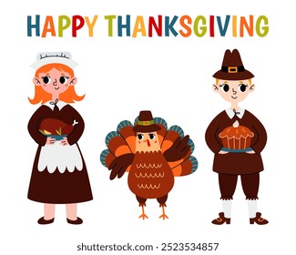 Feliz Día de Acción de Gracias. Set lindo peregrino con la cosecha y el pavo. Ilustración de dibujos animados de Vector para imprimir.