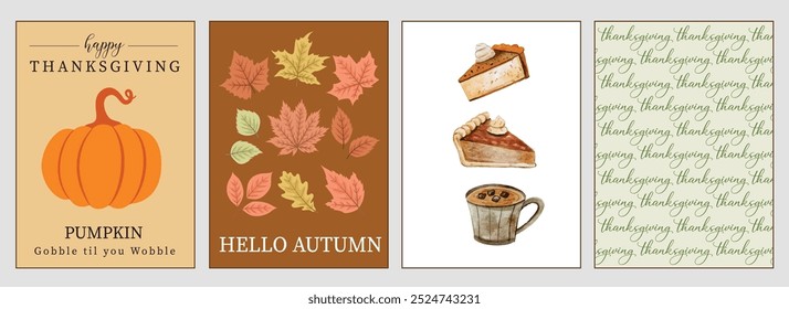 Happy Thanksgiving. Set of decorative posters for Thanksgiving and autumn. Vector illustration of festive cake, pumpkin, yellow autumn leaves.