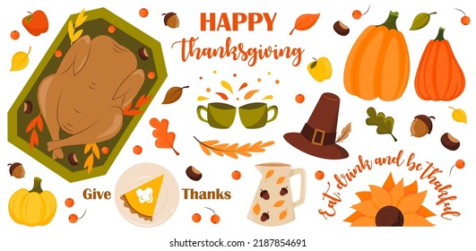 Happy Thanksgiving. Set of isolated vector illustrations, stickers for card, poster, flyer, web, print. Autumn Elements.