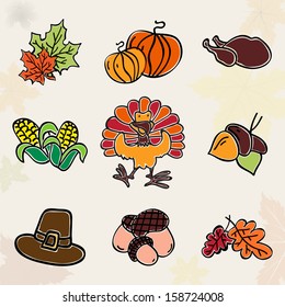 Happy Thanksgiving set on vintage background. 