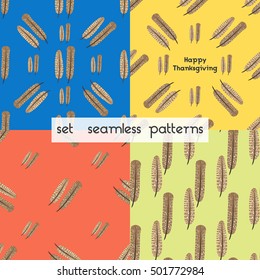 Happy Thanksgiving set. Seamless pattern. Frame of feathers turkey. Card bright yellow. Vector illustration.