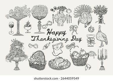 Happy Thanksgiving set with turkey, fruits, vegetables, centerpiece, wine, sculpture and fancy table setting. Rich festive scene for seasonal cards. Vector illustration.