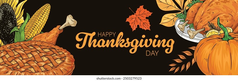 Happy Thanksgiving sticker colorful with pie and vegetables or turkey for advertising city holiday for farmers vector illustration