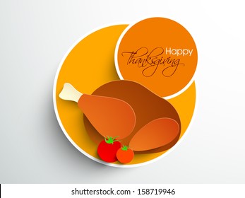 Happy Thanksgiving sticker, tag or label with healthy food on grey background. 