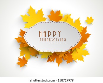 Happy Thanksgiving Sticker, Tag Or Label Beautiful Maple Leaves. 