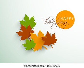 Happy Thanksgiving sticker, tag or label beautiful maple leaves. 