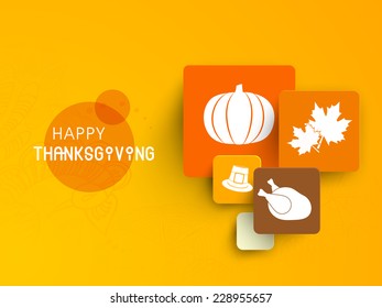 Happy Thanksgiving stickers, labels and tags on yellow background.