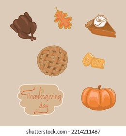 Happy Thanksgiving stickers. Turkey. Corn. Pie. Pumpkin