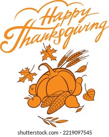 Happy Thanksgiving - still life with a variety of vegetables and fruits, tree foliage. Harvest time, Thanksgiving. Isolated, white background.
