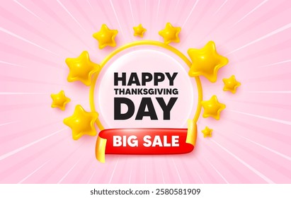 Happy thanksgiving sunburst ray banner. Big sale flag ribbon. Happy thanksgiving tag. Happy family holiday message. Autumn thank you day. 3d stars glitter. Red ribbon tag. Discount offer. Vector