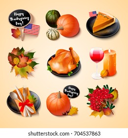 Happy Thanksgiving symbols collection. 3d vector icon set turkey, pie, autumn leaves for traditional family holiday design.