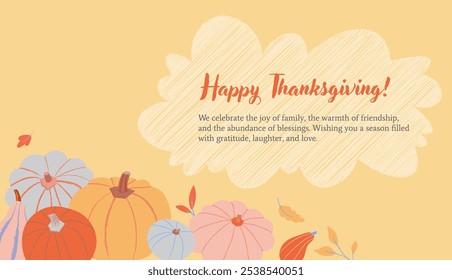 Happy Thanksgiving template Vector. Cheerful autumn scene with pastel pumpkins, leaves, and a hand-drawn text bubble on a warm yellow background. Ideal for digital use