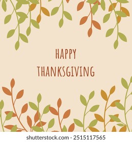 Happy Thanksgiving Text with Autumn Leaves. Fall Festive Design. Seasonal Thank You Postcard.