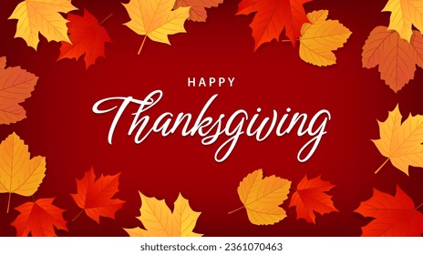 Happy thanksgiving text background with fall leaves. Seasonal celebration design for greeting card, poster, banner. Vector illustration