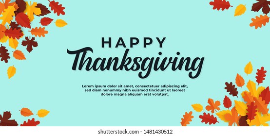 Happy thanksgiving text background. simple minimal banner with dry leaves vector illustration.