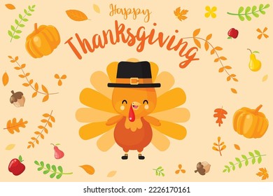 Happy Thanksgiving text calligraphy free hand draw style art with dry leaves. For the Thanksgiving celebration day. Bright color style
