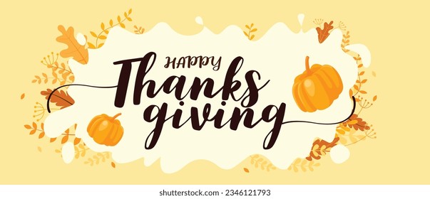 Happy Thanksgiving text calligraphy free hand draw style art with dry leaves. For the Thanksgiving celebration day. Bright color style. Wide aspect ratio for header and banner design