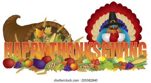 Happy Thanksgiving Text Cornucopia with Bountiful Fall Harvest and Pilgrim Turkey Isolated on White Background Vector Illustration