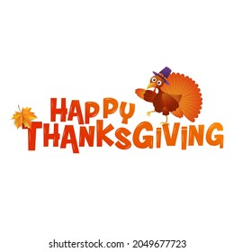 Happy Thanksgiving text with funny turkey. Vector illustration
