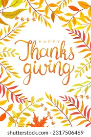 Happy thanksgiving text with hand drawn autumn leaves and branches isolated on white background. Autumn illustration for autumn greeting cards, wedding invitations, quote and decorations.