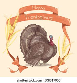 Happy Thanksgiving. Text on a festive ribbon. Turkey.Ears of wheat. Sketch style hand drawn. Vector illustration.