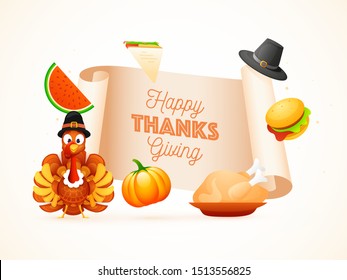 Happy Thanksgiving Text On Scroll Paper With Turkey Bird, Burger, Pumpkin, Chicken, Watermelon Slice, Pilgrim Hat And Sandwich On White Background.