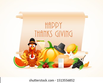 Happy Thanksgiving text on scroll paper with turkey bird, pilgrim hat and food element like as burger, pumpkin, chicken, holly berry on white background.