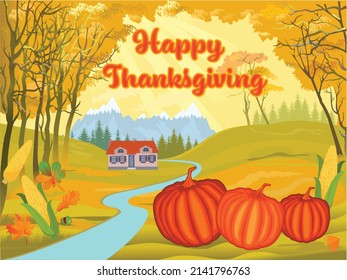 Feliz texto de Acción de Gracias con calabazas, maíz y hojas.
Diseño de Acción de Gracias perfecto para impresiones, banners, volantes, invitaciones.
