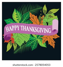 Happy Thanksgiving text, surrounded by colorful autumn leaves, creating a cheerful and festive design for Thanksgiving celebrations, perfect for greetings and holiday decor. 