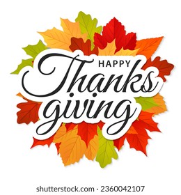 Happy Thanksgiving. Thanksgiving text typography template with autumn leaves. Vector illustration