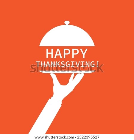 happy thanksgiving text with white serving hand. flat simple logotype graphic cartoon design isolated on orange background. concept of yummy dinner or