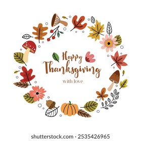 Happy Thanksgiving themed wreath, Autumn wreath with leaves, plants and decorative branches, decorations art vector illustration