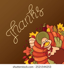 Happy Thanksgiving. Three funny Thanksgiving Turkeys and the inscription thanks. Vector illustration.