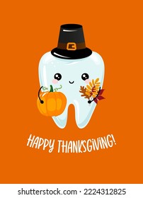 Happy Thanksgiving - Tooth family character design in kawaii style. Hand drawn Toothfairy with funny quote. Good for school prevention posters, greeting cards, banners, textiles.