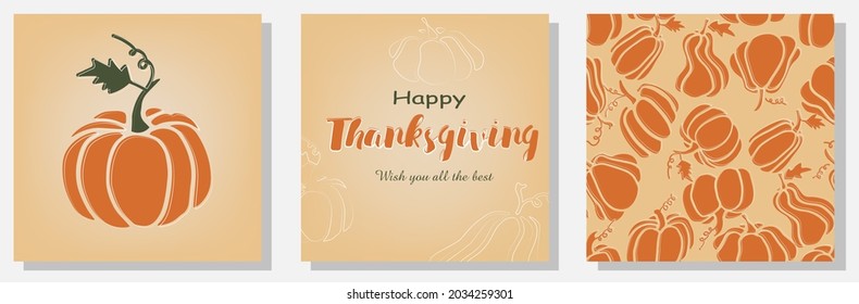 Happy Thanksgiving. Trendy abstract square templates with pumpkins. Suitable for social media posts, mobile apps, banners design and internet ads. Vector fashion backgrounds